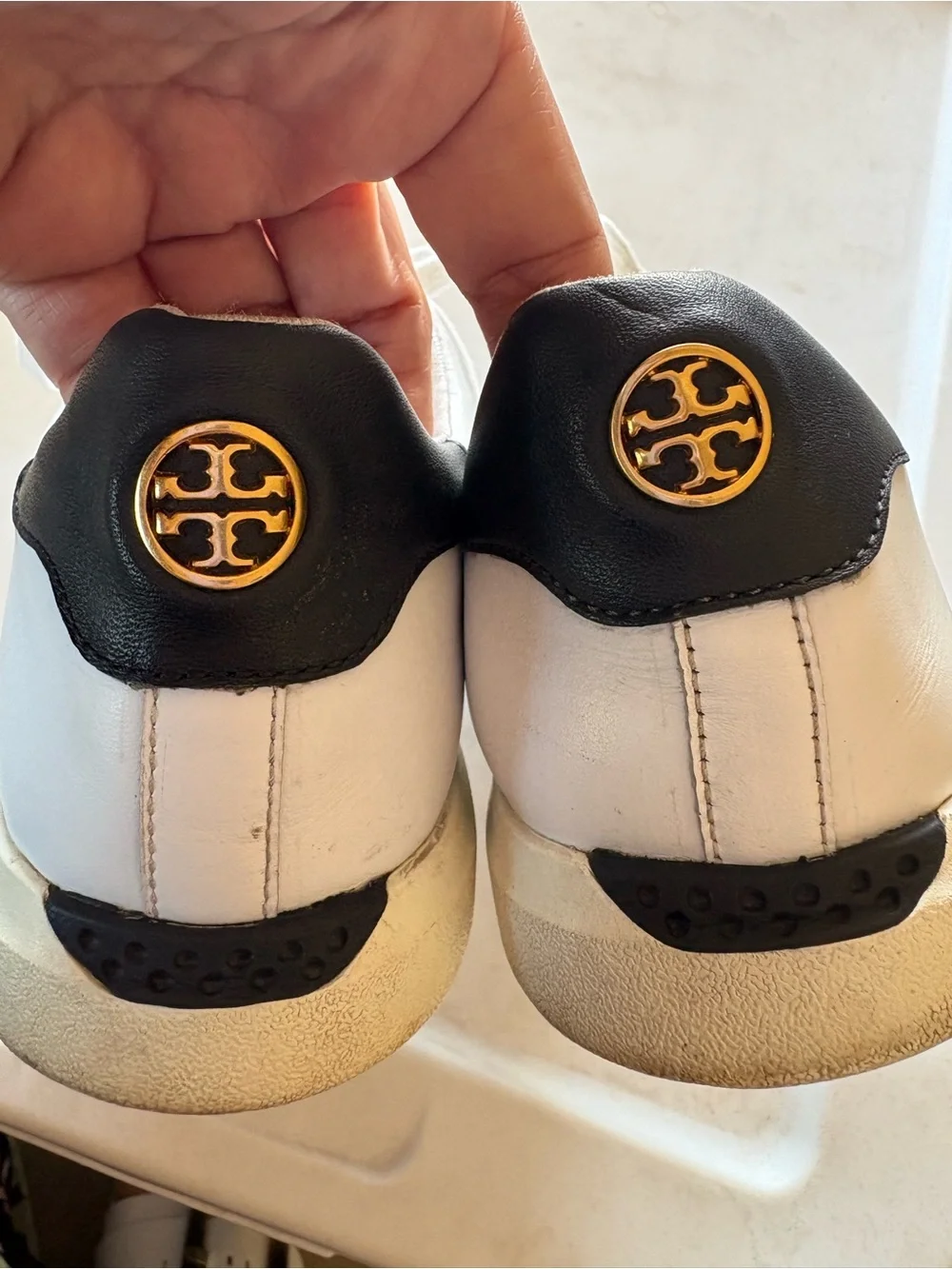 Tory Burch White Leather Sneakers with Black Heel Patch and Gold Emblem